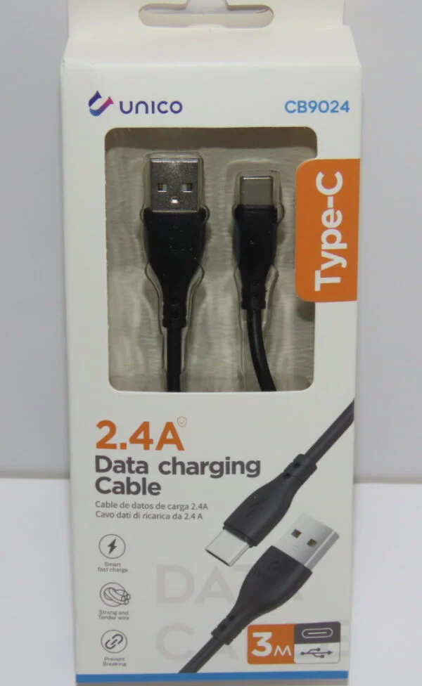 CABLE DE CARGA RÁPIDA 2.4A DE USB A TIPO-C 3M NEGRO